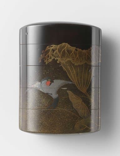 Inro with lotus flower and bird by Shigehide