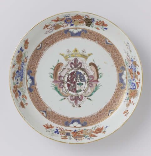 Saucer-dish with a crowned coat of arms and flowers with precious objects by anonymous
