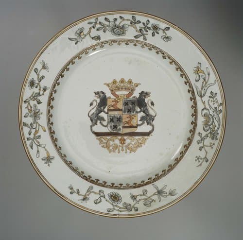 Plate with a crowned coat of arms with a lion on either side by anonymous