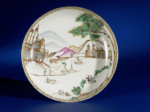 Suacer-dish with a water landscape and Europeans by anonymous