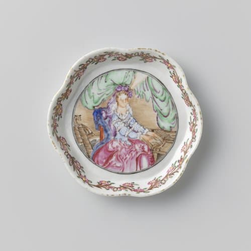 Six-lobed teapot stand with an woman playing a piano by anonymous