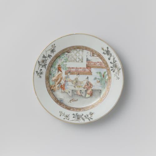 Plate with women in a walled garden near a pond by anonymous