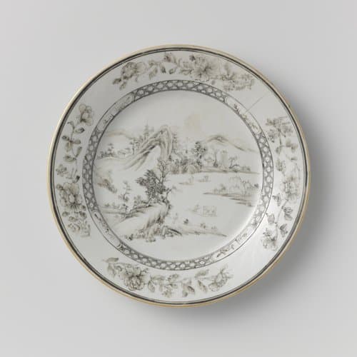 Plate with a riverlandscape and flower sprays by anonymous