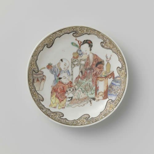 Saucer with a seated woman and two boys amid antiquities by anonymous