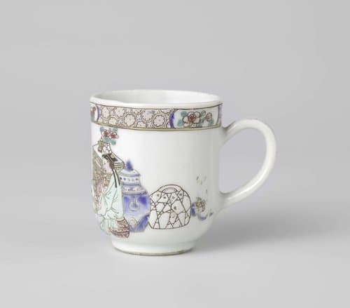 Cup with handle with two women at a table surrounded by objects by anonymous