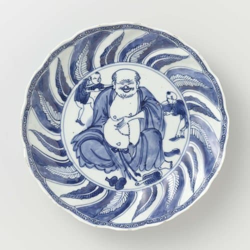 Saucer-dish with Budai and two servants by anonymous