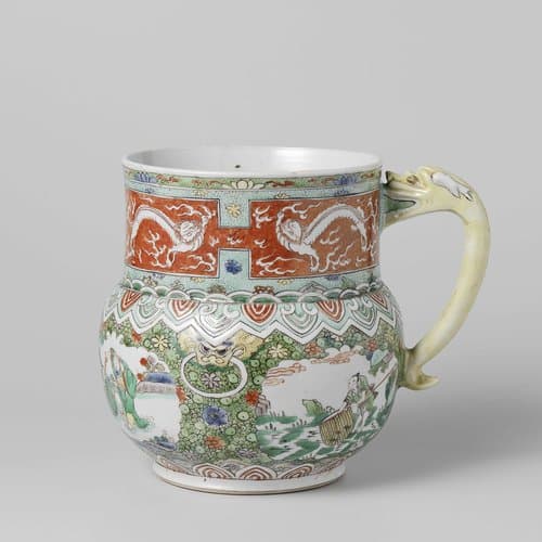 Tankard with dragons, figures in landscapes and ornamental borders by anonymous