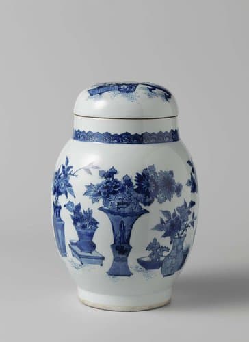 Tonvormige dekselpot met bloemenvazen by anonymous