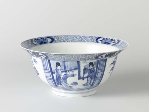 Bowl with figures in an interior and trees near rocks by anonymous
