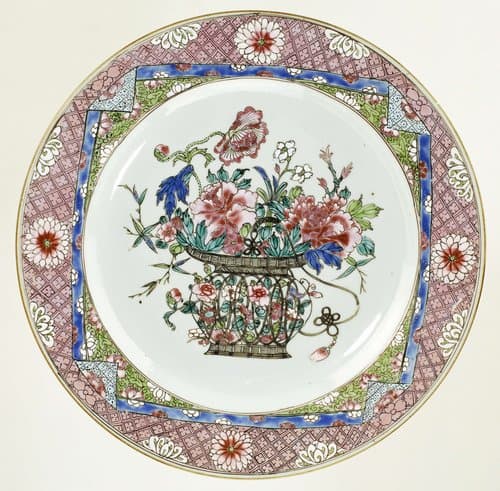 Dish with a flower basket in a square frame with folded corners by anonymous