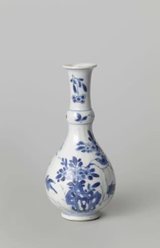 Pear-shaped bottle vase with flowering plants, birds and insects near a rock by anonymous