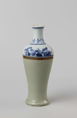Flesvormige vaas met celadon groen, rotsen en fruittak by anonymous