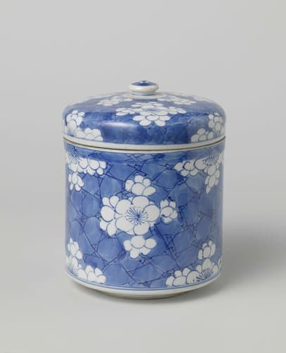 Cylindrical covered jar with flower-heads in reserve by anonymous