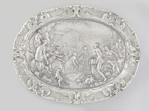Schaal met voorstellingen uit de geschiedenis van Diana en Actaeon by Paulus Willemsz. van Vianen