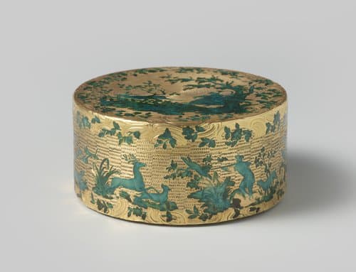 Snuifdoos van goud, rond en versierd met geëmailleerde jachtvoorstellingen by anonymous