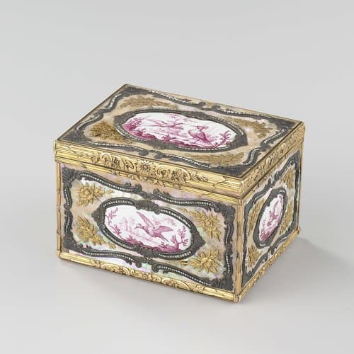 Snuifdoos van goud, rechthoekig, bedekt met parelmoer, émail en diamant en versierd met vogels en voluten by anonymous