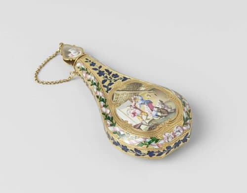 Reukfles van goud, afgeplat peervormig, met op beide zijden taferelen in émail: een boerenkeuken interieur en een boerendans. by anonymous