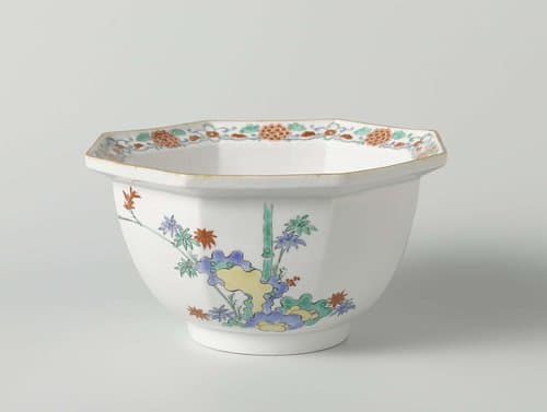 Octagonal bowl with bamboo, prunus, rocks en hôô by anonymous
