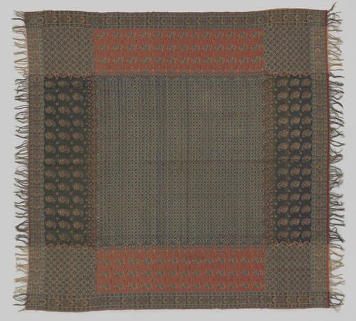 Vierkante kasjmiersjaal met middenvierkant met miniscuul bloempatroon, waaromheen randen in rood en donkerblauw met botamotief by anonymous