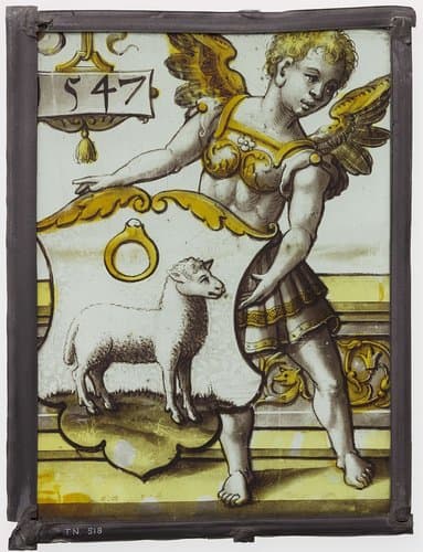 Ruit met jongeman met vleugels met wapenschild in de hand by anonymous