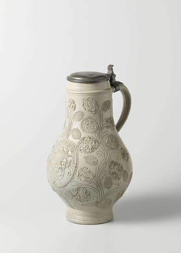 Jug with a coat of arms among floral scrolls by anonymous