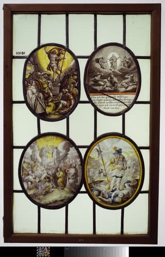 Ruit met de Opstanding, Christus op de wolken, met onderschrift, engelen op de wolken en Jozua vertrapt de koningen by anonymous