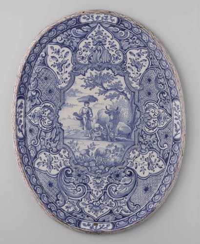 Plaat met paars gemarmerde rand en beschilderd in blauw met landelijke scene by anonymous