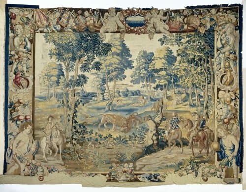 Landschapsverdure met leeuwen en jachtscènes by Erasmus Oorlofs