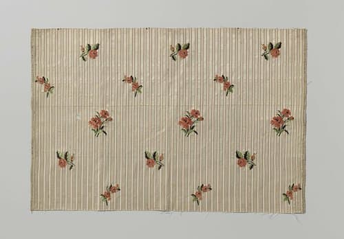 Fragment gestreept zijde pekin met gestrooide bloemtakken by Unknown Artist
