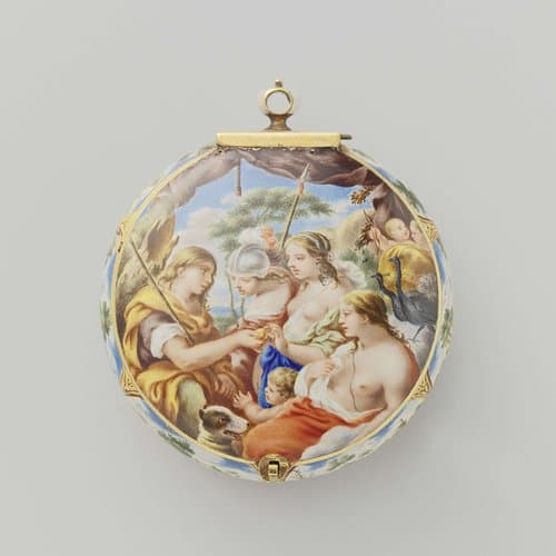 Horloge met klassieke liefdesverhalen, het oordeel van Paris en het afscheid van Dido en Aeneas by Mathias Rieppolt