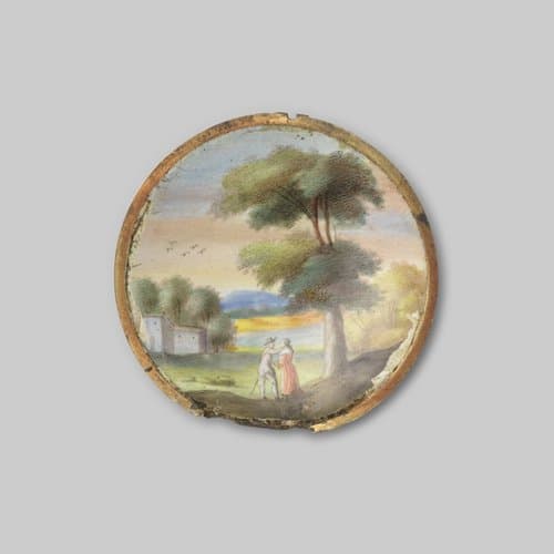 Horlogedeksel met vrouw en amor by Unknown Artist
