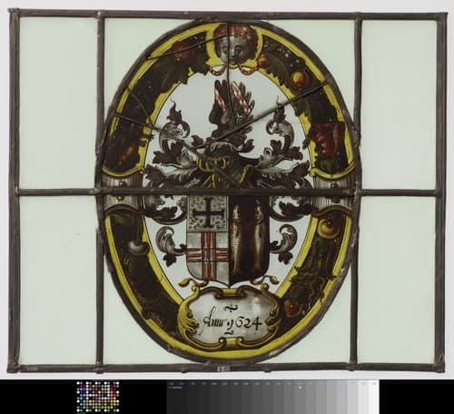 Wapenruit met schild met onder meer twee vissen en onderschrift "Anno 1624" by anonymous