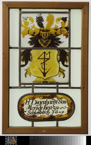 Wapenruit met cartouche waarop "H. Degenhardt von Merode herr zu Schlossberch 1609" by anonymous