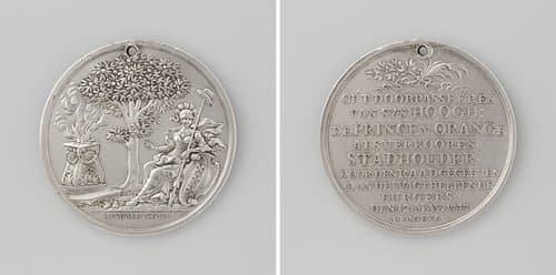 Verheffing van de prins van Oranje tot stadhouder, penning uitgedeeld aan de wachthebbende burgers van de stad Amsterdam ter ere van de doortocht van de prins door de stad by Johann Conrad Marmé