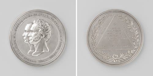 Vijfentwintigjarig huwelijk van Frederik, prins der Nederlanden en Louise Augusta Wilhelmina Amalia, prinses van Pruisen, penning aangeboden door de vrijmetselarij van Nederland by Johannis Petrus Schouberg