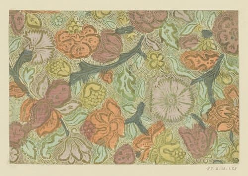 Blad met bloemen en vruchten met puntenfond by anonymous