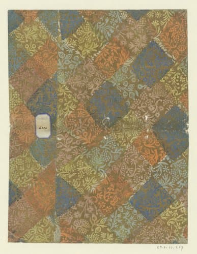 Blad met ranken met bloemen en vruchten, met etiket by anonymous