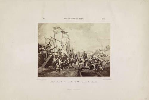 Prent van de aankomst van koning Willem I te Scheveningen, 1813 by WHL