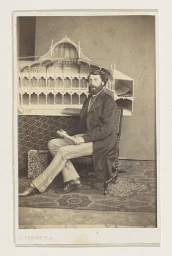 Portret van de architect Looymans, ten voeten uit, met een maquette van de door hem ontworpen Beurs van Antwerpen by Joseph Dupont