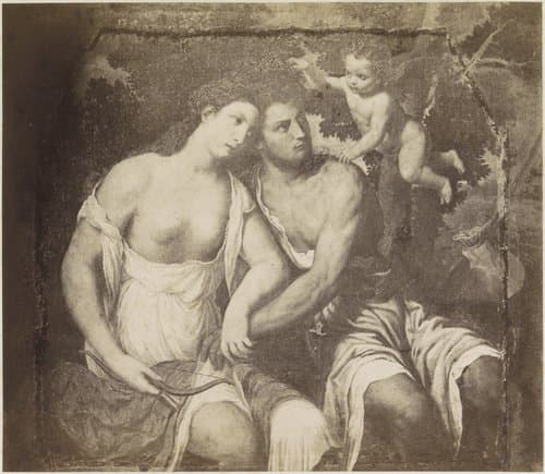 Fotoreproductie van het schilderij Venus en Adonis naar Paris Bordone by anonymous