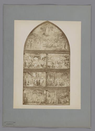 Fotoreproductie van een fresco met scènes uit de levens van Johannes de Doper en Maria naar Domenico Ghirlandaio in de Santa Maria Novella te Florence, Italië by Fratelli Alinari