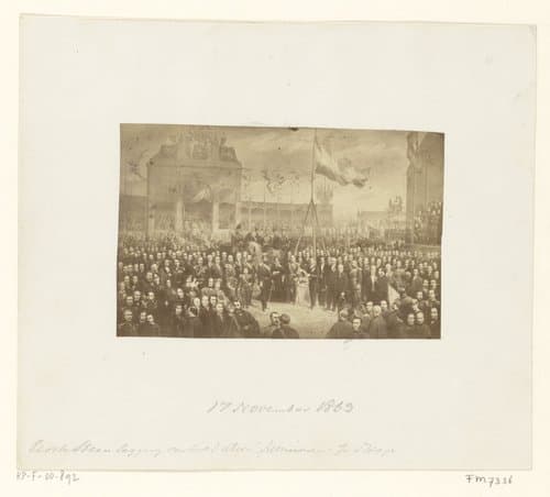 Fotoreproductie van schilderij: Het leggen van de eerste steen door koning Willem III van het Nationaal Monument te Den Haag by anonymous