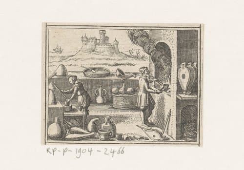 Werkplaats met stookoven en kasteel in de achtergrond