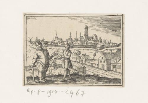 Gezicht op Groningen met een dikke en een dunne man