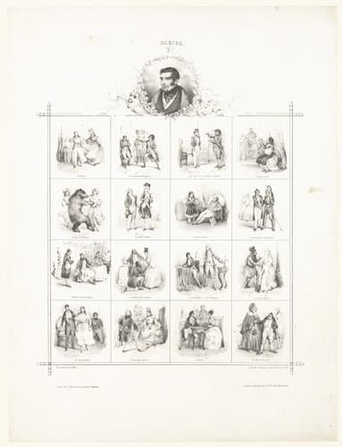 Portret van Eugène Scribe en zestien voorstellingen uit zijn werken by Victor Adam