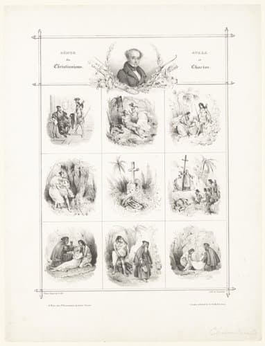 Portret van François-René de Chateaubriand en negen voorstellingen uit zijn roman 'Atala' by Victor Adam