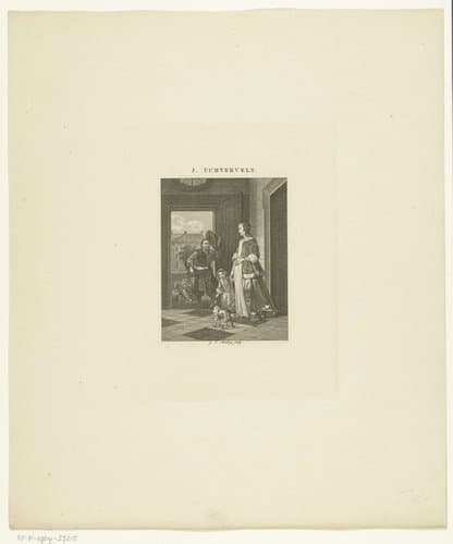 Man biedt vis te koop aan bij dame met kind aan hand in deuropening by Johannes Christiaan Bendorp