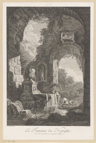 Drie badende vrouwen of nimfen bij een fontein by François Denis Née