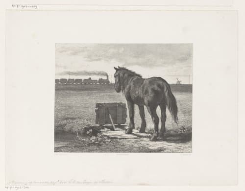 Paard in weiland met stoomtrein aan de horizon by Jan Mesker