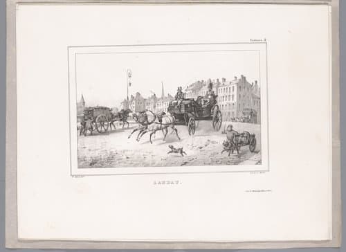 Twee passagiers worden voortgereden in een Landauer by Victor Adam